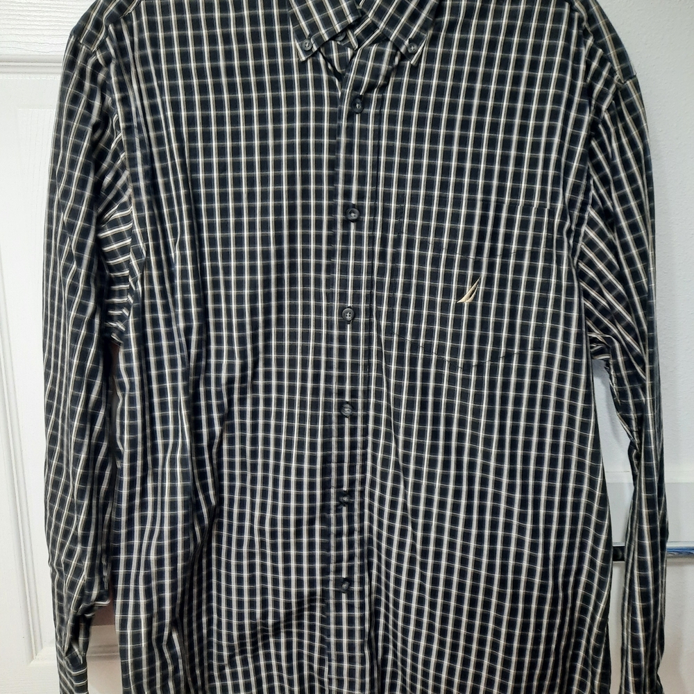 Nautica 80s Two‑Ply Cotton Black & White Checkered Button Shirt Men’s M (Fits S)